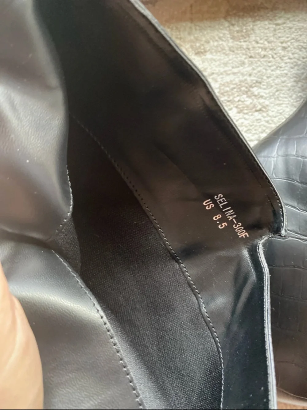 Black Croc-Embossed Knee-High Heeled Boots